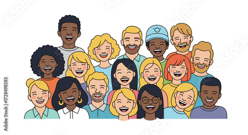 A diverse group of people laughing together in a lively illustration.