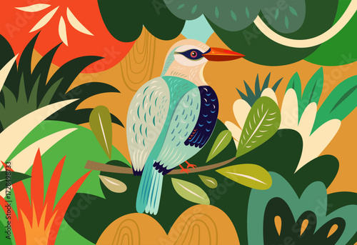 Vector illustration with a Bird in tropical forest