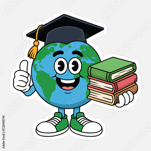 Cartoon wise owl in graduation cap with books and diploma vector illustration