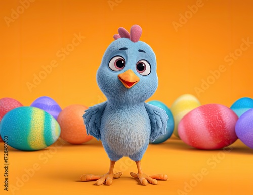 Cute cartoon chick in front of Easter eggs