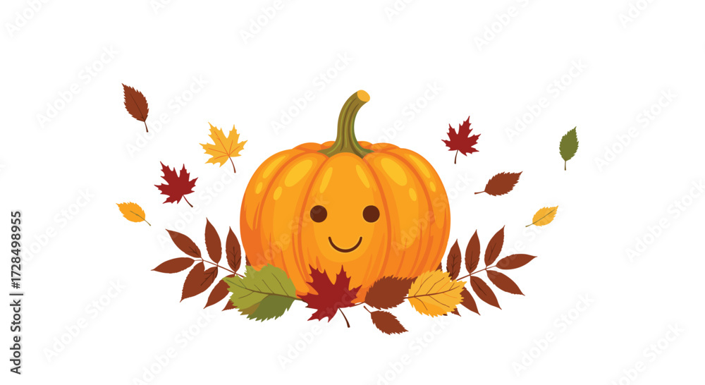 Naklejka premium A cute happy pumpkin with falling autumn leaves surrounding it.