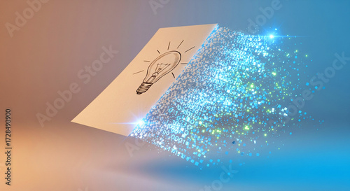 A sheet of paper with half turning into glowing binary code or pixels, symbolizing the bridge between traditional creativity and digital transformation.