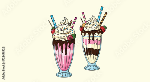 Two delicious pixel art milkshakes topped with whipped cream chocolate syrup and wafer sticks.