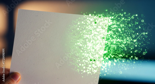 A sheet of paper with half turning into glowing binary code or pixels, symbolizing the bridge between traditional creativity and digital transformation.