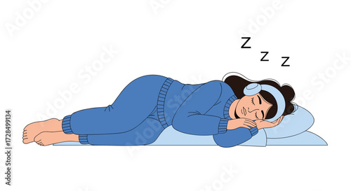 A woman peacefully sleeping on her side in bed with a happy expression.