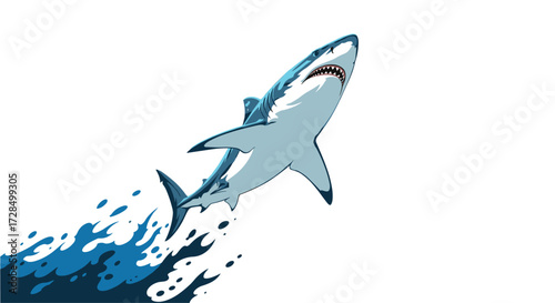 A powerful shark breaches the ocean surface with water splashing everywhere.