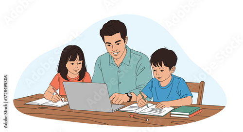 A father helps his two young children with their schoolwork at home using a laptop.
