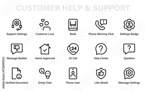 Modern line icons for customer help, support center, verified service, communication, chat, hotline, protection, and documentation needs.