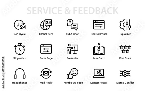 Essential service and feedback line icon set with rating stars, info cards, stopwatch, laptop repair, thumbs up, chat, global support, and cycle icons.