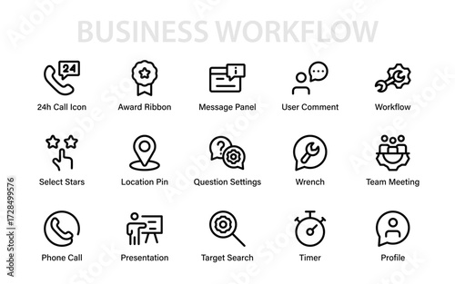 Modern business workflow essentials icon set with profile, timer, target, search, phone call, settings, award, teamwork, and communication line icons
