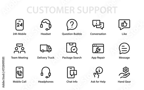 Modern line icon set featuring customer support, mobile communication, package delivery, repair, and teamwork icons for business and service design.