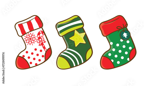 Closeup View of Decorative Christmas Socks in Red and Green Holiday Theme