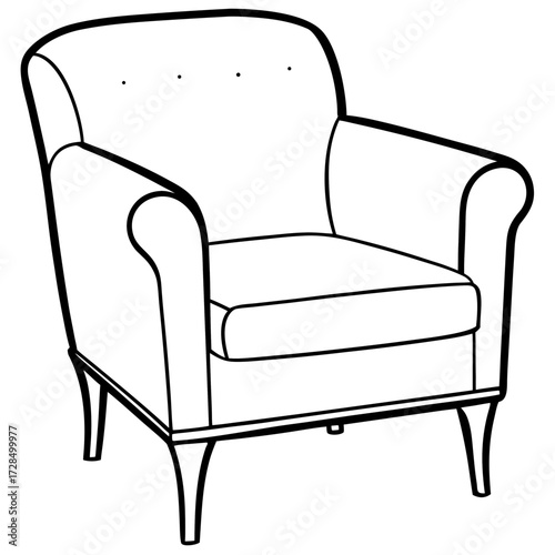 Classic armchair silhouette with tufted back and tapered legs isolated on white background
