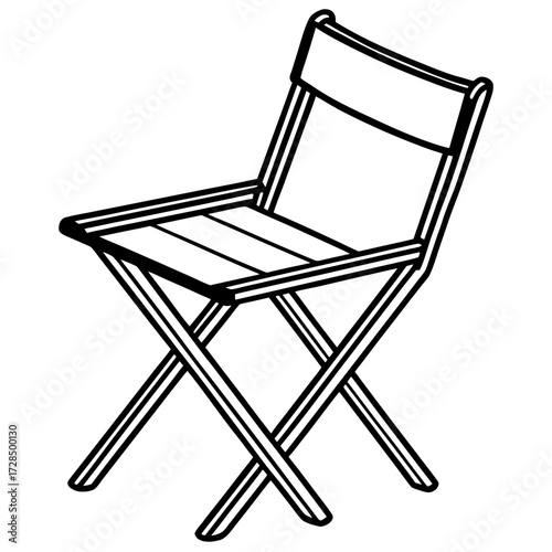 Simple black and white line art silhouette of a folding chair isolated on white background