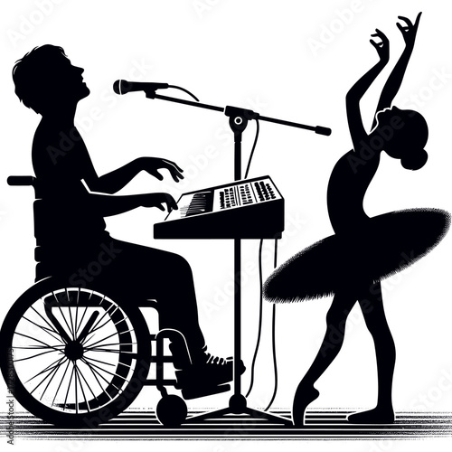 Disabled man playing keyboard while ballet dancer performs  