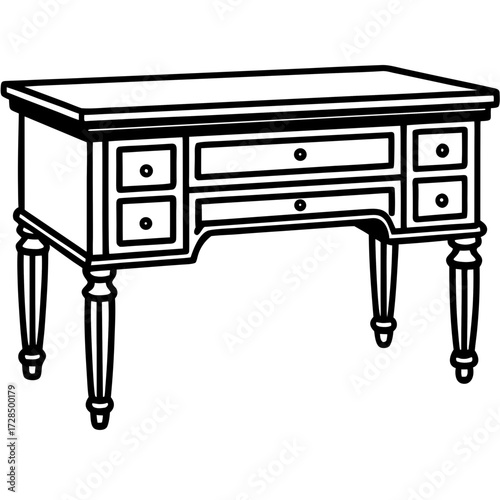 Elegant antique writing desk with drawers and turned legs silhouette isolated on white background
