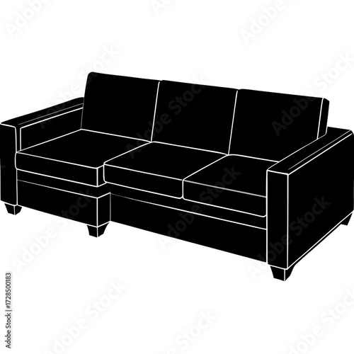 Modern l shaped sectional sofa in black silhouette isolated on white background