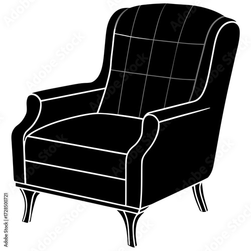 Classic wingback armchair silhouette with plaid detail isolated on white background