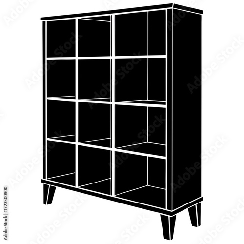Black silhouette of a multi compartment shelving unit with legs isolated on white background