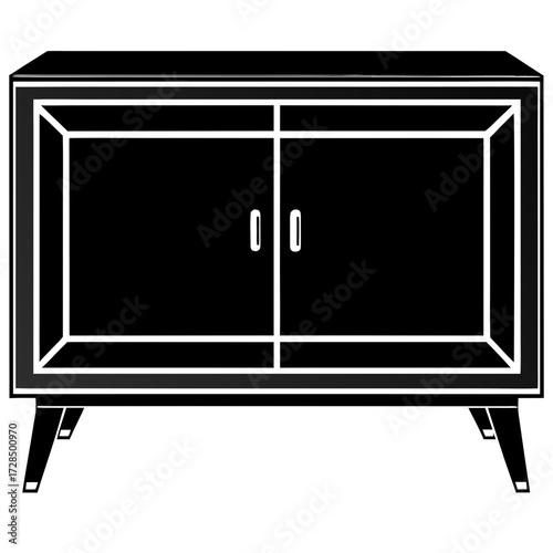 Modern mid century style cabinet with double doors and angled legs silhouette isolated on white background