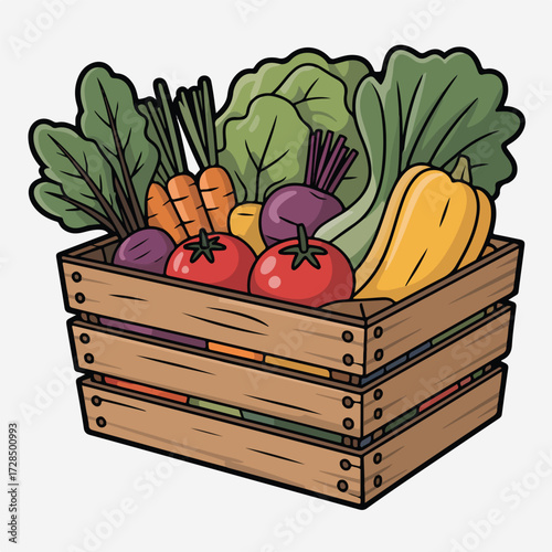 A basket of fresh, organic fruits and vegetables like tomatoes, onions, and cucumbers from the produce market