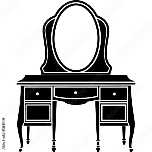 Elegant vintage vanity table with an oval mirror and drawers silhouette isolated on white background