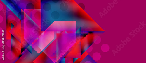 Abstract composition featuring geometric shapes, vibrant colors. Pink background contrasts with blue, red elements. Modern design.