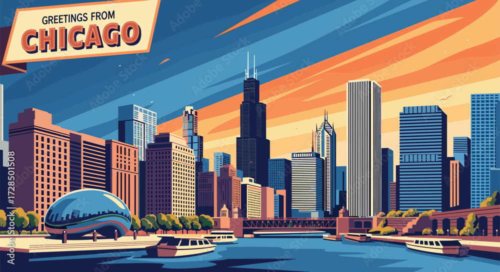 Obraz premium Chicago Vector Travel Poster, Cinematic Minimal Landscape Art