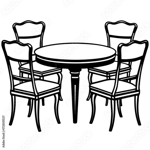 Elegant round dining table with four chairs in a classic silhouette style isolated on white background