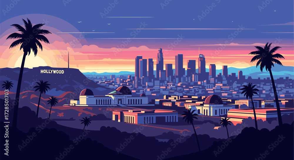 Obraz premium Los Angeles Vector Travel Poster, Cinematic Minimal Landscape Art