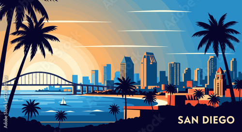 San Diego Vector Travel Poster, Cinematic Minimal Landscape Art