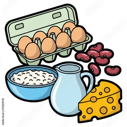 An illustrated vector icon set of milk, cookies, and other dairy products for a sweet breakfast