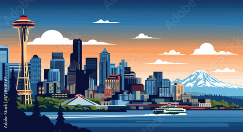 Seattle Vector Travel Poster, Cinematic Minimal Landscape Art