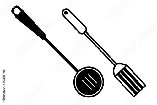 Two black silhouette kitchen utensils a slotted spoon and a spatula isolated on white background