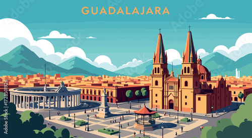 Guadalajara Vector Travel Poster, Cinematic Minimal Landscape Art