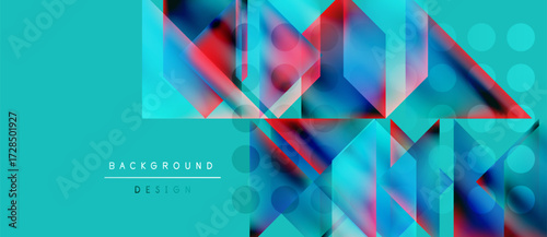 Abstract geometric shapes overlap, creating vibrant turquoise, pink, blue gradients. Modern design elements suggest technology, innovation. Background features text labels.
