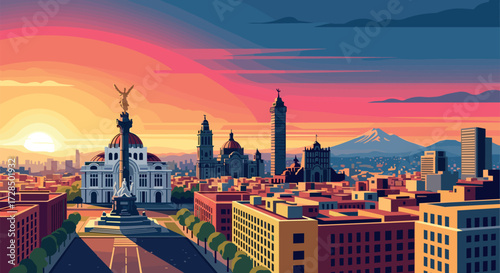 Mexico City Vector Travel Poster, Cinematic Minimal Landscape Art