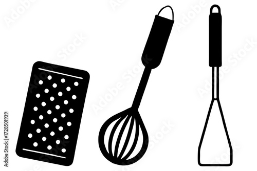 Black silhouette of kitchen utensils including a grater a whisk and a spatula isolated on white background