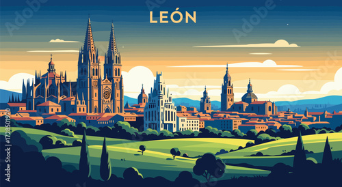 León, Spain Vector Travel Poster, Cinematic Minimal Landscape Art