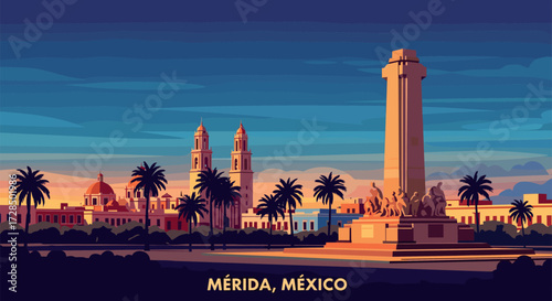 Mérida, Mexico Vector Travel Poster, Cinematic Minimal Landscape Art