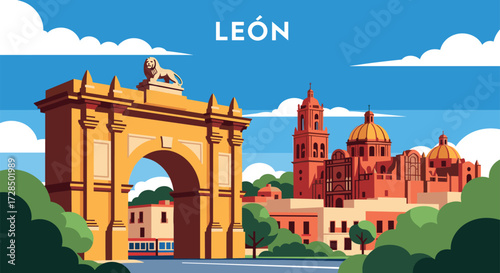 León, Mexico Vector Travel Poster, Cinematic Minimal Landscape Art