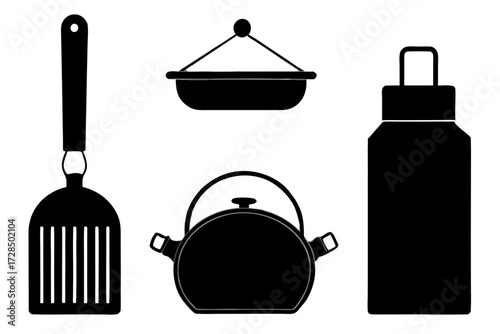 Collection of kitchen utensils including a spatula teapot and container silhouette isolated on white background