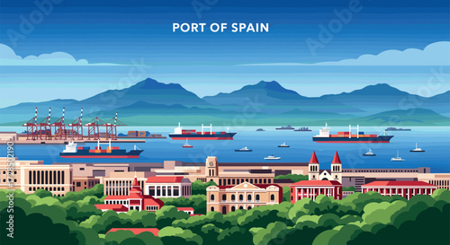 Port of Spain, Trinidad and Tobago Vector Travel Poster, Cinematic Minimal Landscape Art