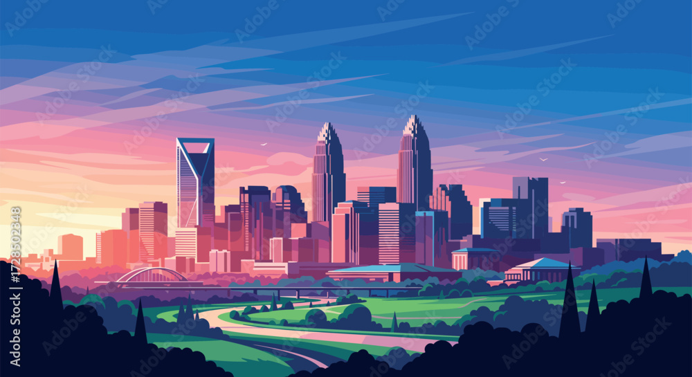 Fototapeta premium Charlotte Vector Travel Poster, Cinematic Minimal Landscape Art
