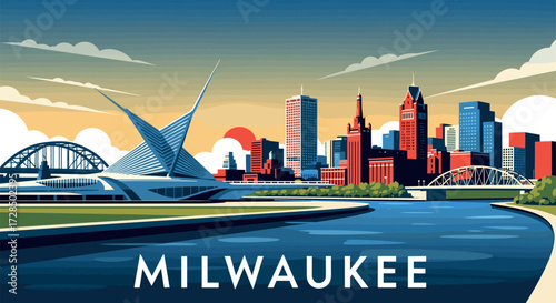 Milwaukee Vector Travel Poster, Cinematic Minimal Landscape Art