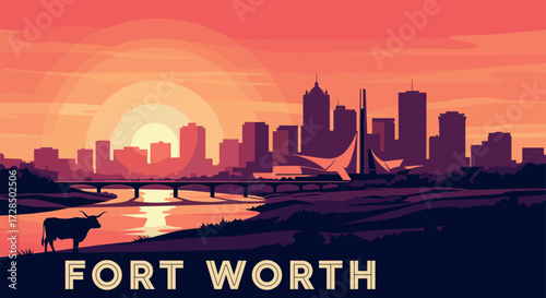 Fort Worth Vector Travel Poster, Cinematic Minimal Landscape Art