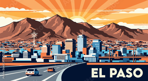 El Paso Vector Travel Poster, Cinematic Minimal Landscape Art