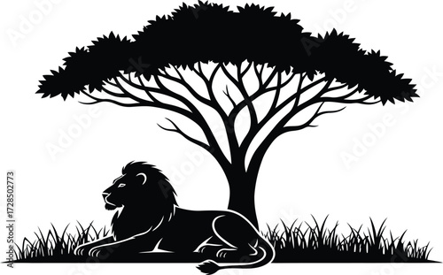 African Lion under Acacia Tree Black Silhouette: Majestic Safari Wildlife Scene Vector Graphic and Logo.