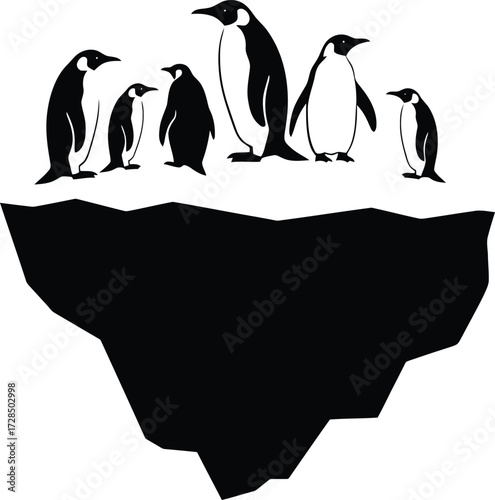 Penguin Family on Iceberg Black Silhouette: Antarctic Wildlife and Climate Change Vector Illustration.