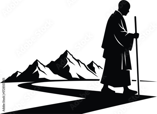 Zen Monk Walking Path to Mountains Black Silhouette: Spiritual Journey, Travel, and Meditation Vector.